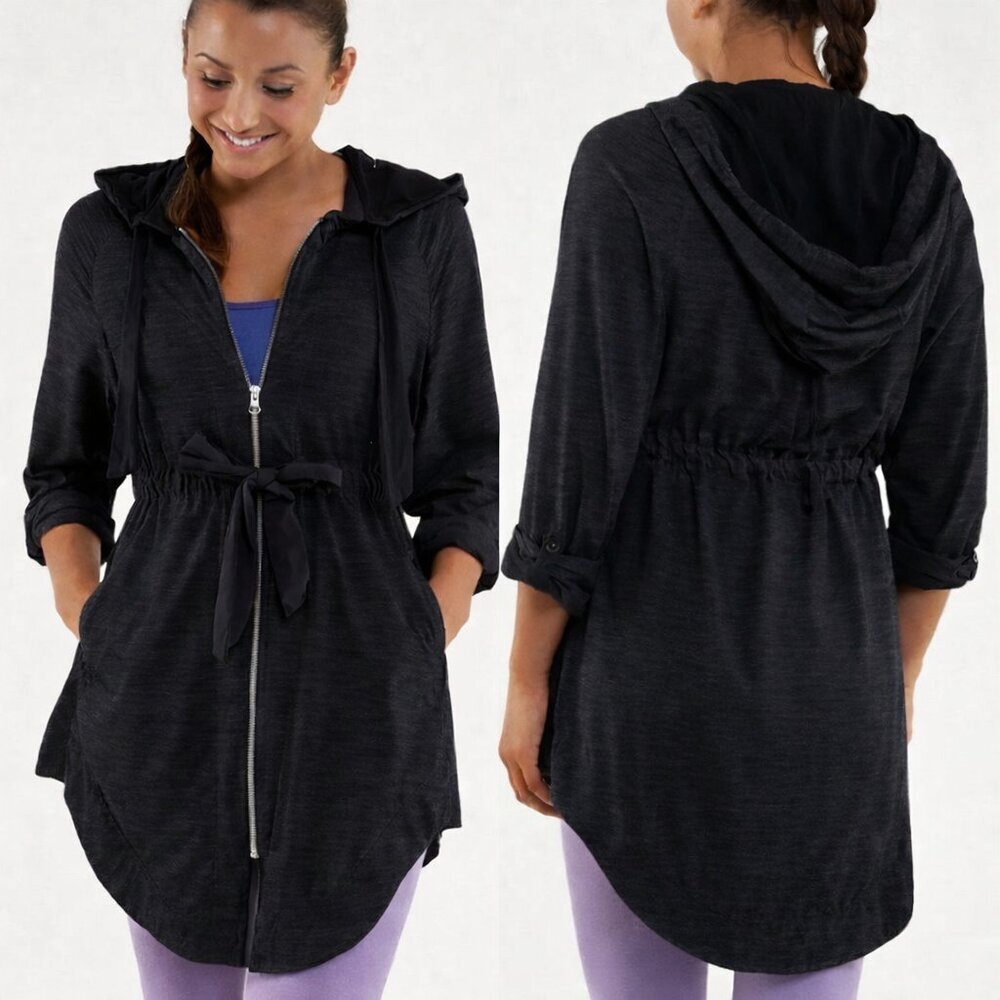 RARE LULULEMON Vitality NYC Black Heathered Hi Lo Hooded Lined Zip-Up Jacket | 4